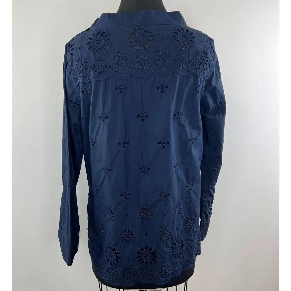 J Crew Navy Blue Eyelet FunnelNeck Mock Collar Cotton Long Sleeve Blouse Sz 12P